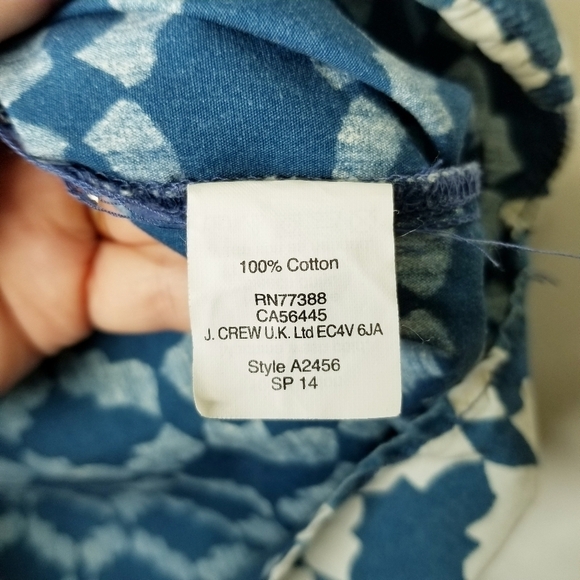 J. Crew Peasant Top Tie Neck Blue White Geometric Design‎ Cotton Size 10 EUC - Picture 7 of 12